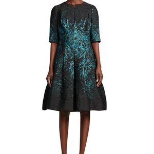Rickie Freeman for Teri Jon Metallic Jacquard Knee Length Dress Black Green